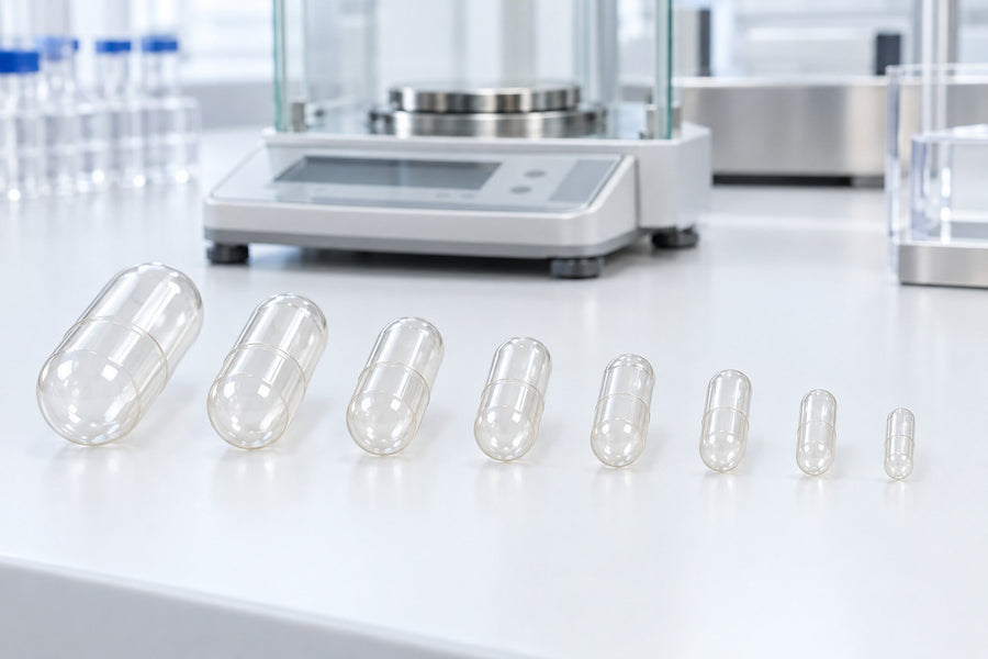 Empty clear capsules in graded sizes from 000 to 4 in a row on a lab bench