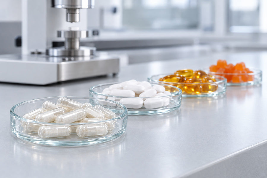 Capsules, tablets, softgels and gummies in four glass watch glasses on a lab surface