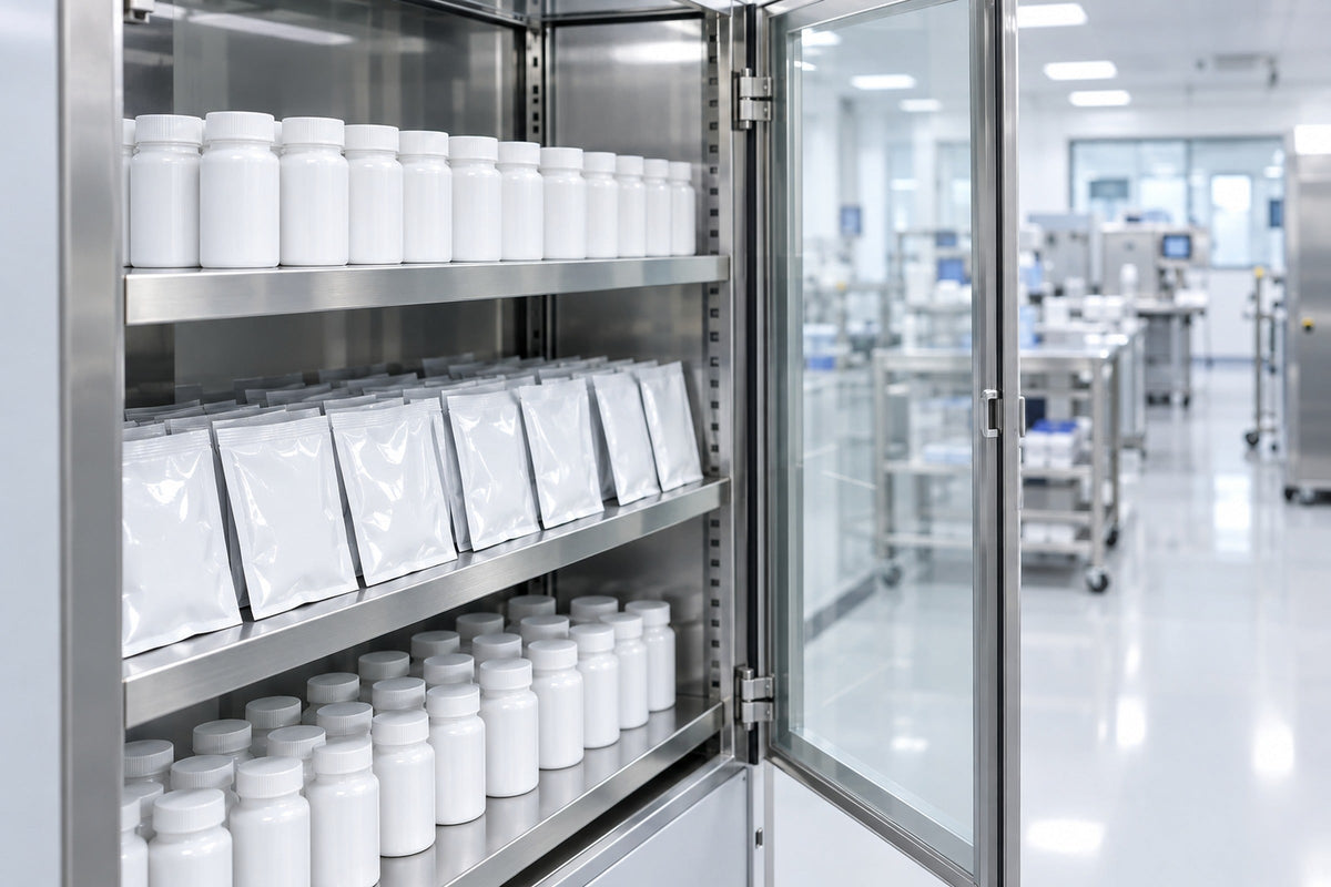 Retained batch samples in rows inside an open quality assurance cabinet