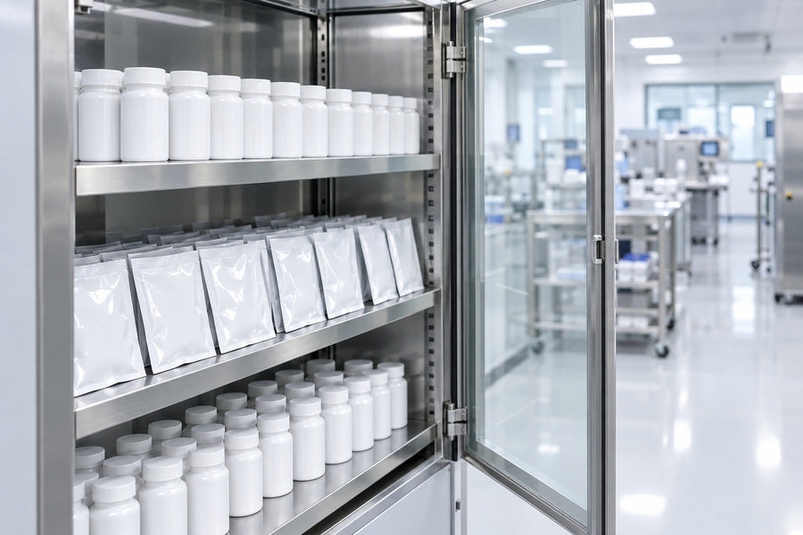 Retained batch samples in rows inside an open quality assurance cabinet