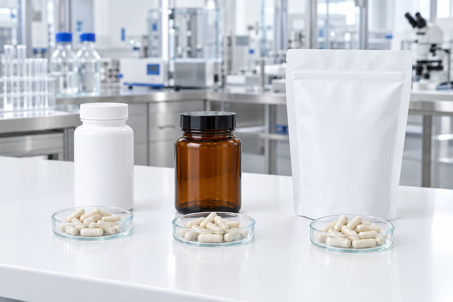 A white bottle, an amber glass jar and a white pouch, each with a dish of the same capsules, on a development bench