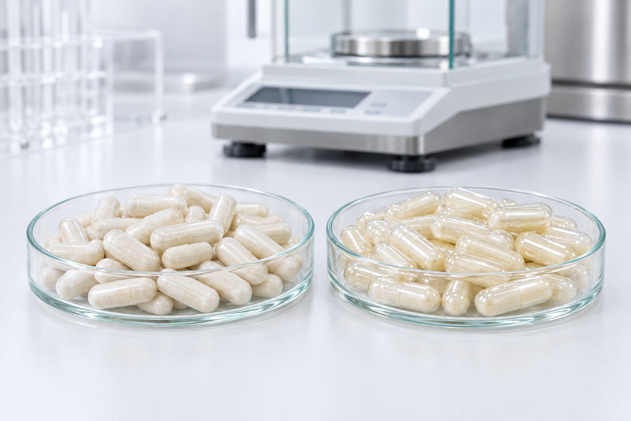 Plant capsules and gelatine capsules with a pale cream fill in two glass dishes on a lab bench