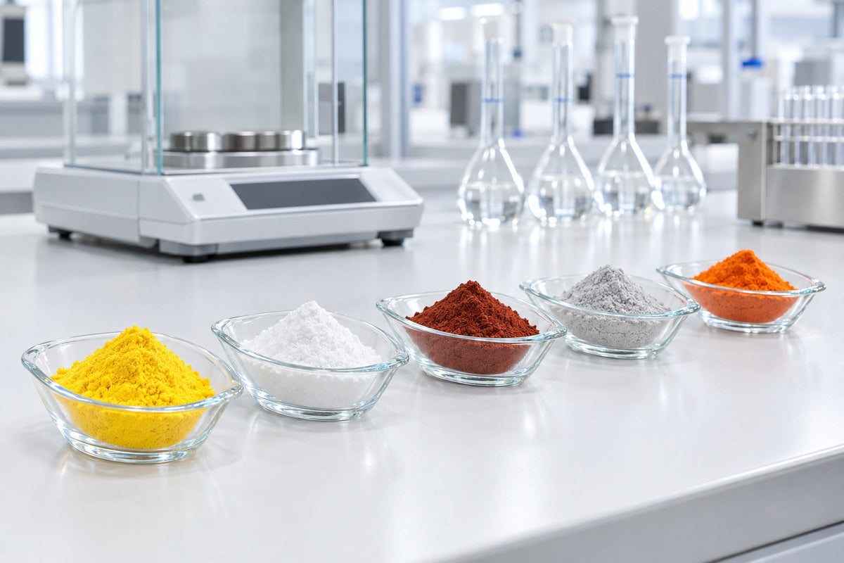 Weighed vitamin and mineral powders in a row of glass weighing boats on a lab bench