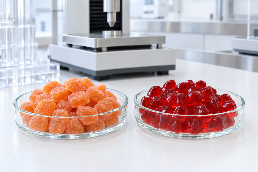 Sugar-sanded pectin gummies and glossy gelatine gummies in two glass dishes on a lab bench