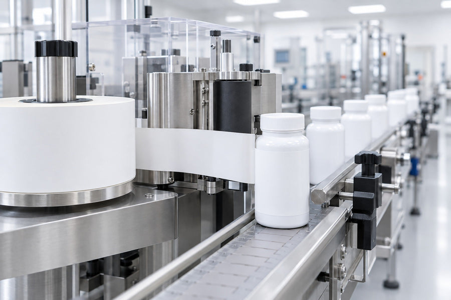 A blank label being applied to a plain white bottle on a labelling line