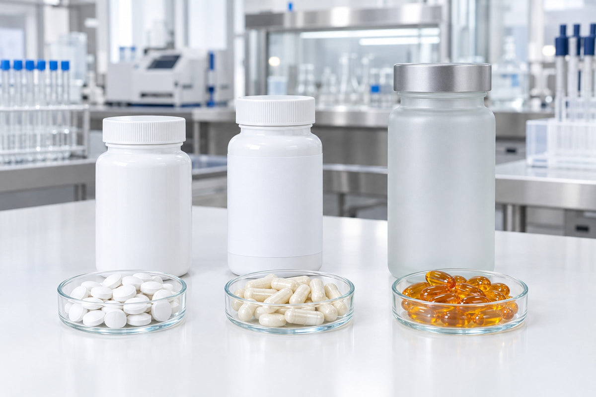 Three plain supplement bottles with dishes of tablets, capsules and softgels on a lab bench