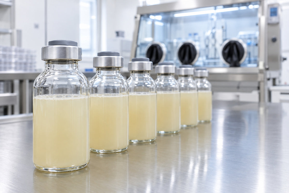 Crimp-sealed glass bottles of cloudy culture broth with grey rubber stoppers in a row
