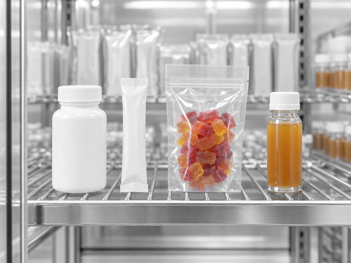 Capsule bottle, stick pack, gummy pouch and liquid shot in a row on a stability chamber shelf