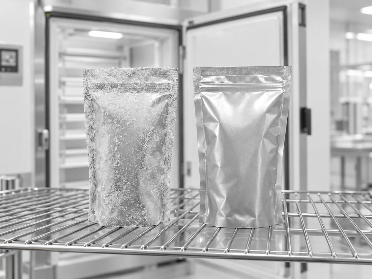 Two sealed foil pouches on a stainless shelf, one rimed with frost and one dry