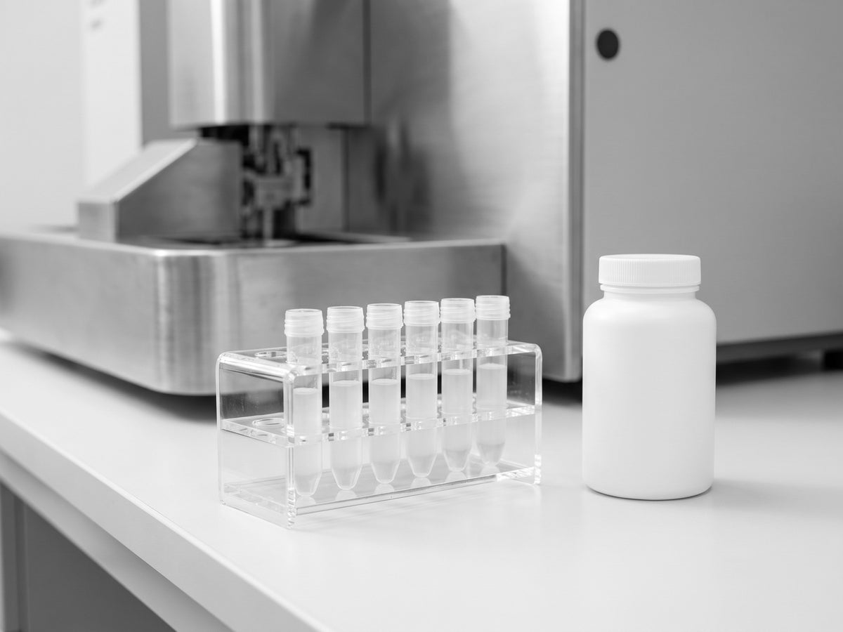 Flow cytometry sample tubes in a rack beside a plain capsule bottle