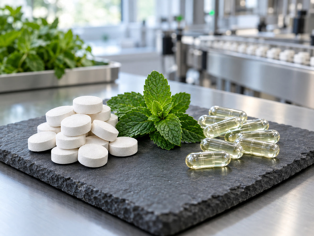 Chewable lactase tablets and peppermint oil capsules with fresh mint on a slate tray