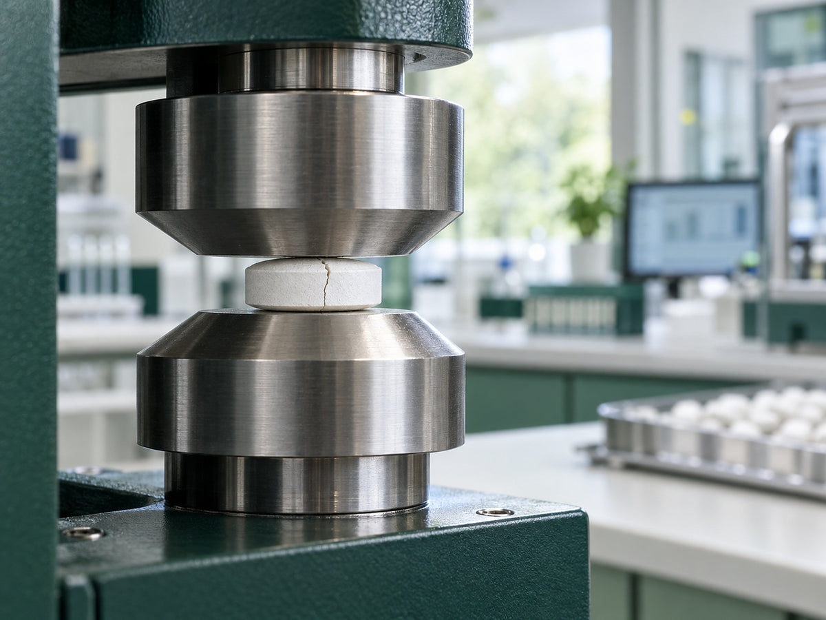 White chewable tablet held between the steel jaws of an automatic hardness tester