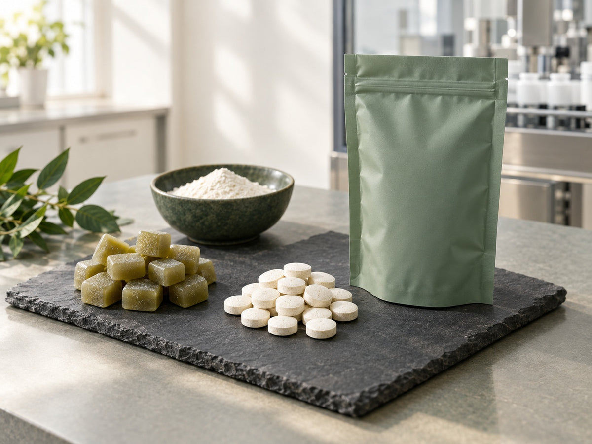 Creatine soft chews, chewable tablets and a drink mix pouch on a slate tray