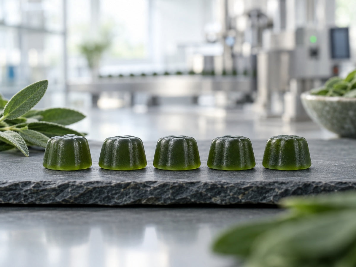 Five green creatine gummies in a row making up one serving