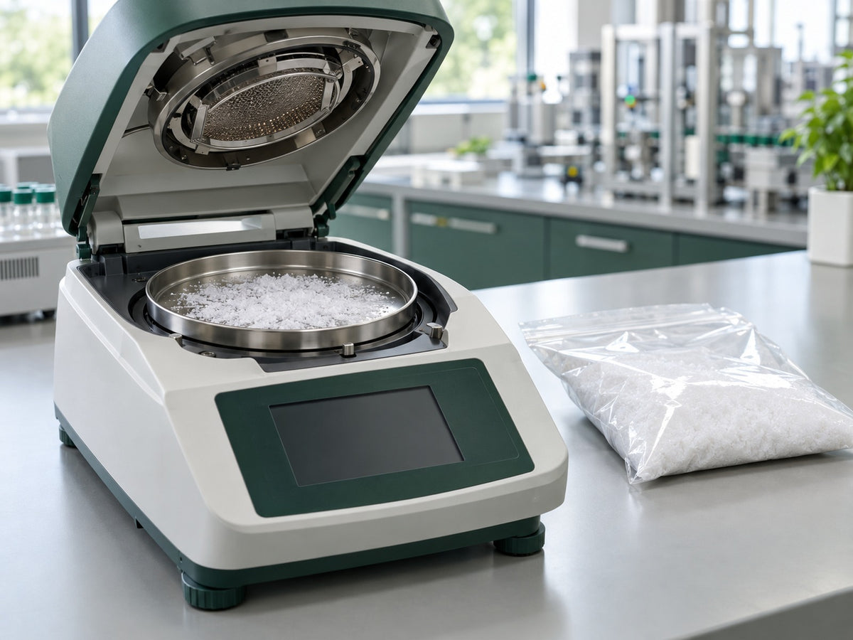 White creatine crystals spread on the pan of a moisture analyser