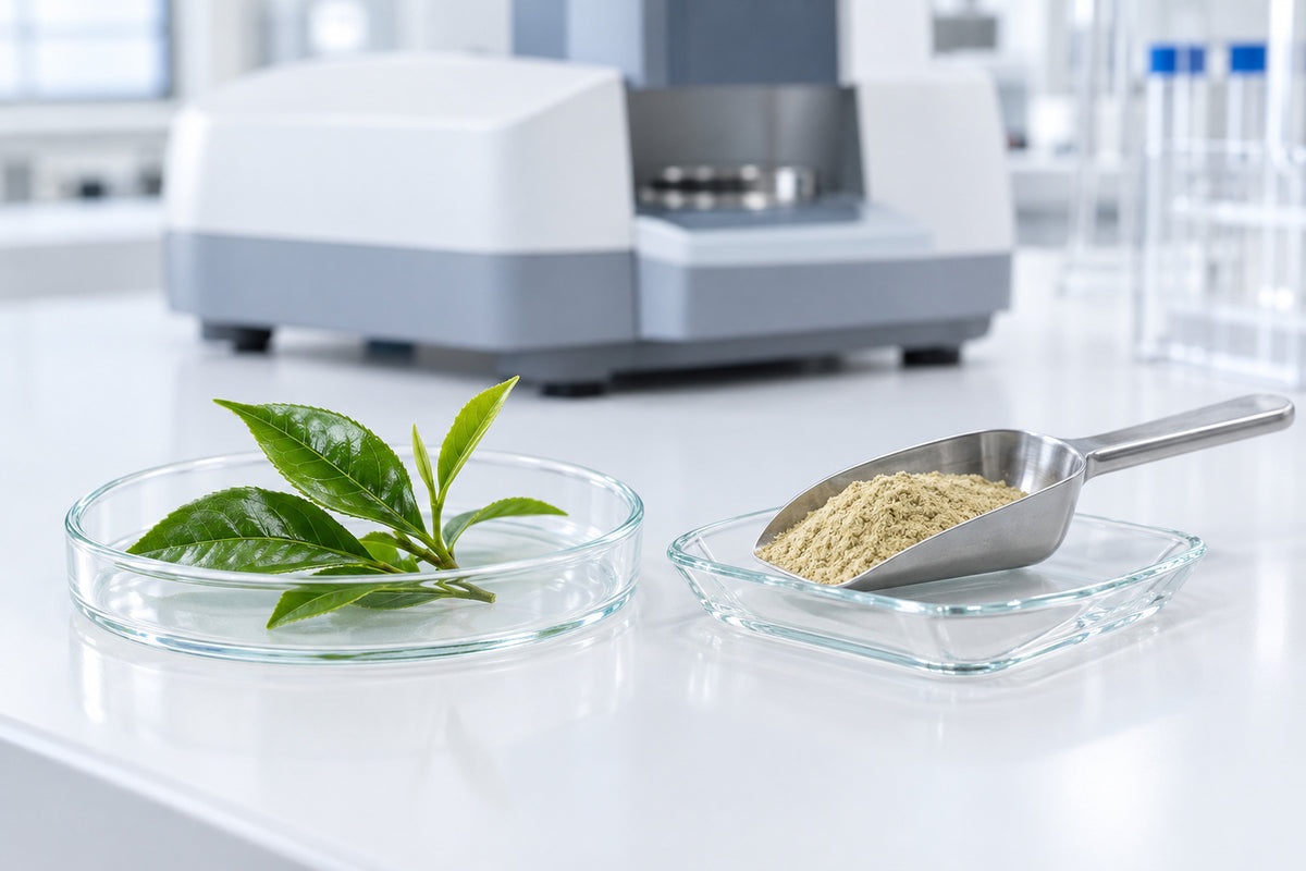 Fresh tea leaves in a petri dish beside a steel scoop of tan green tea extract powder