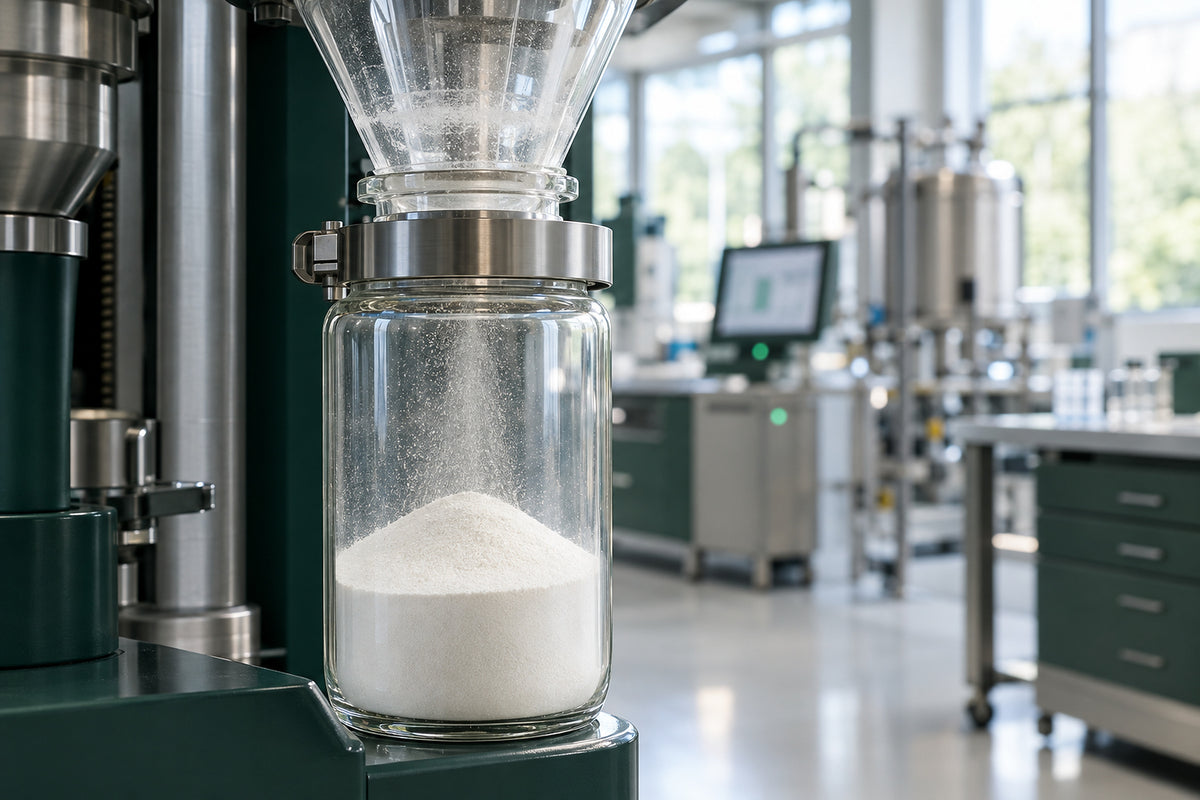 Fine white powder gathering in the glass collection jar of a lab spray dryer