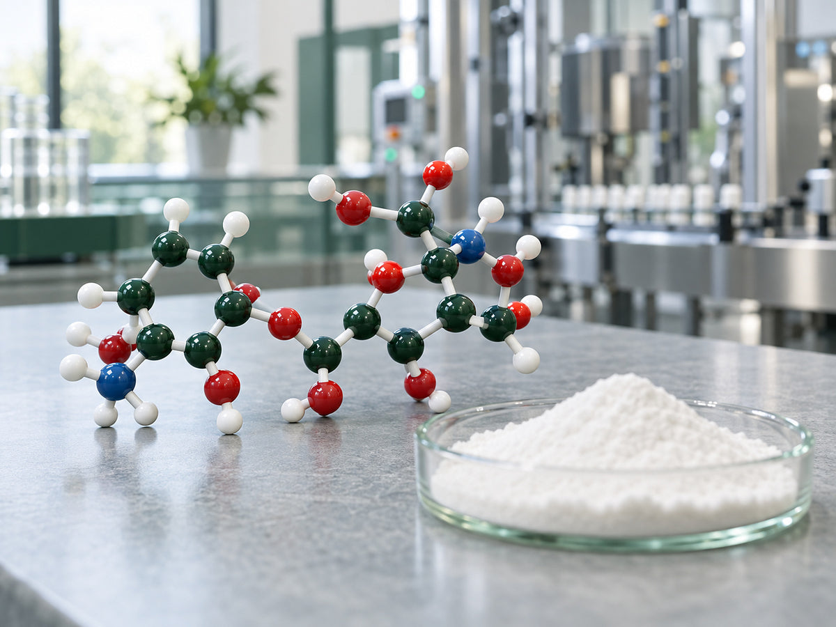Ball-and-stick molecular model beside a small glass dish of white powder