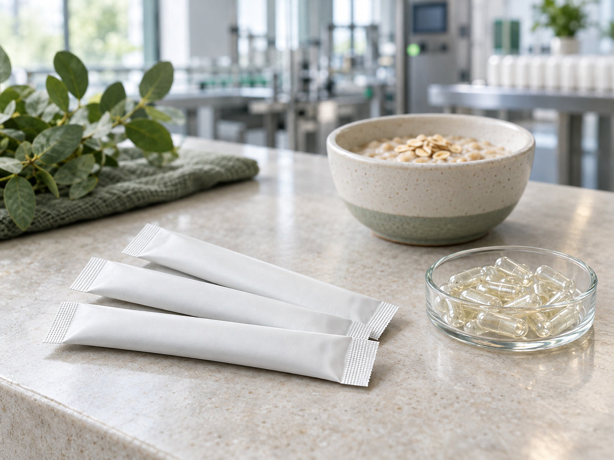 White stick packs and clear capsules on stone, a small bowl of oats behind