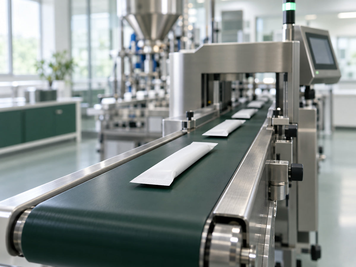 White stick packs crossing the belt of a compact checkweigher in single file