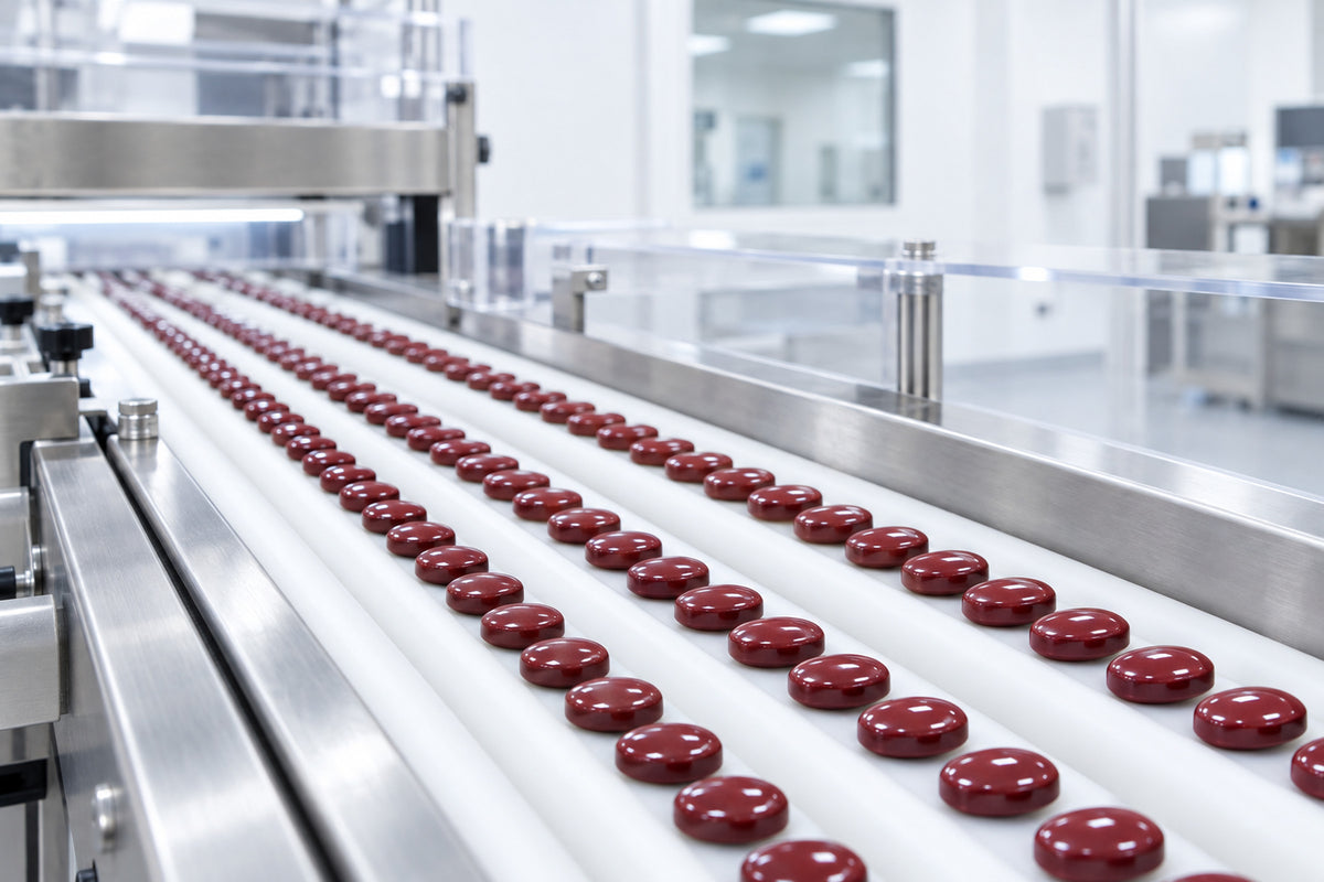 Dark red film-coated iron tablets travelling in lanes along a tablet inspection belt