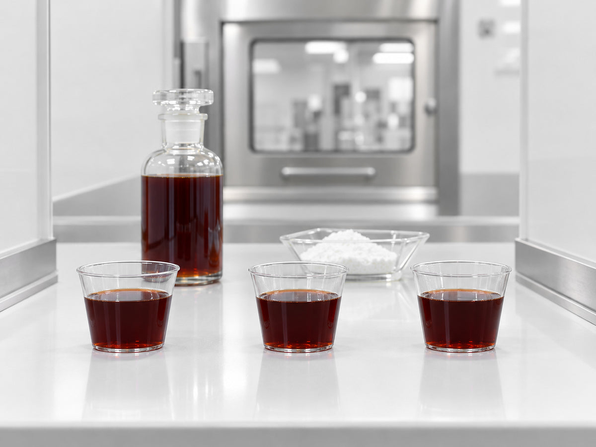 Three tasting cups of dark iron syrup in a sensory booth beside a bottle of syrup and vitamin C powder