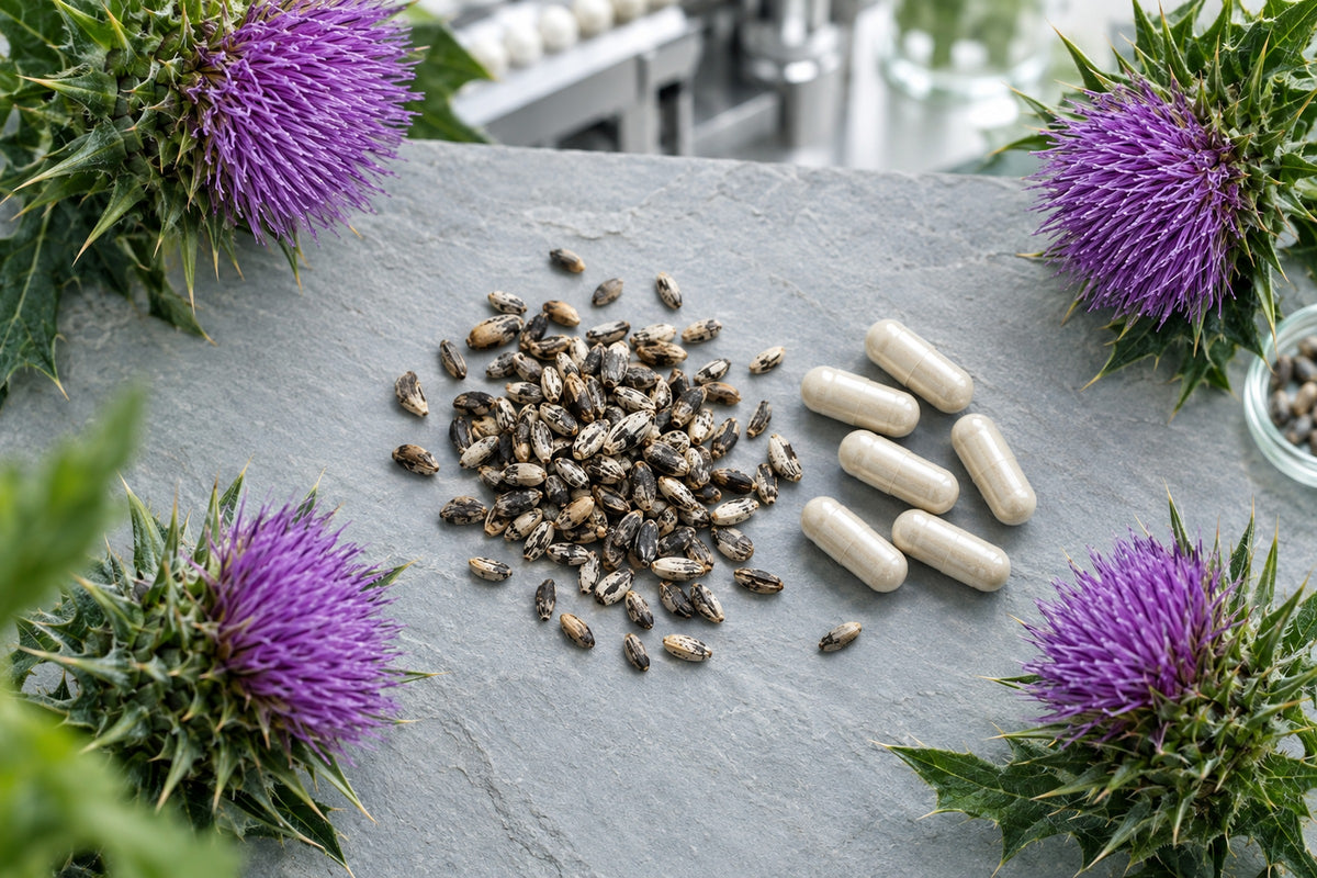 Milk thistle flower heads and seeds on slate with a few cream capsules