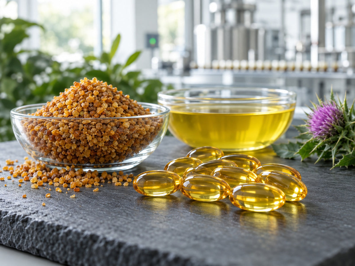 Lecithin granules and yellow milk thistle extract beside golden softgels on slate