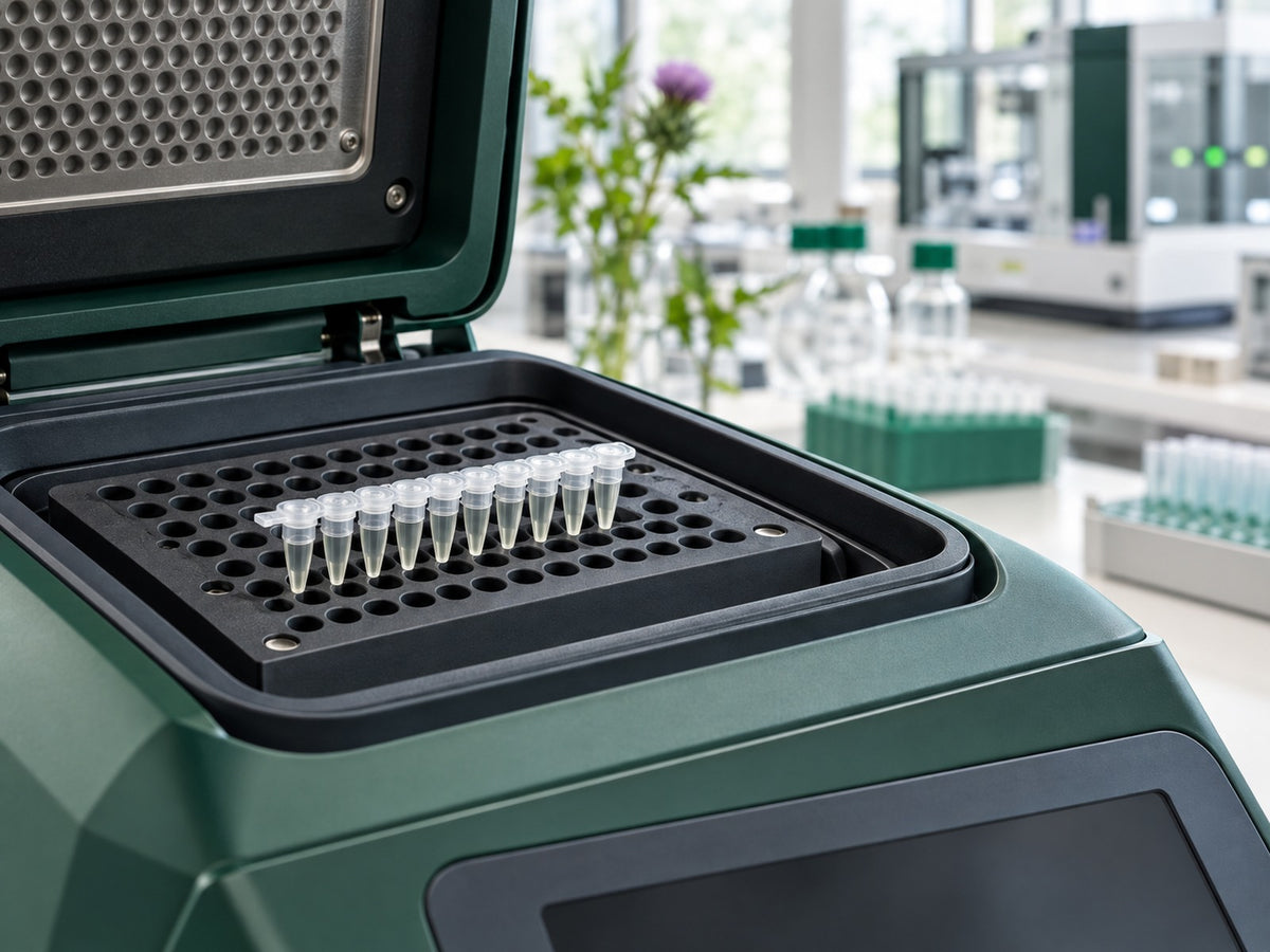 Clear PCR tubes seated in the open block of a benchtop thermal cycler