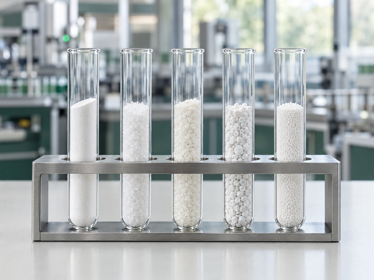 Five glass tubes in a rack filled with different forms of magnesium
