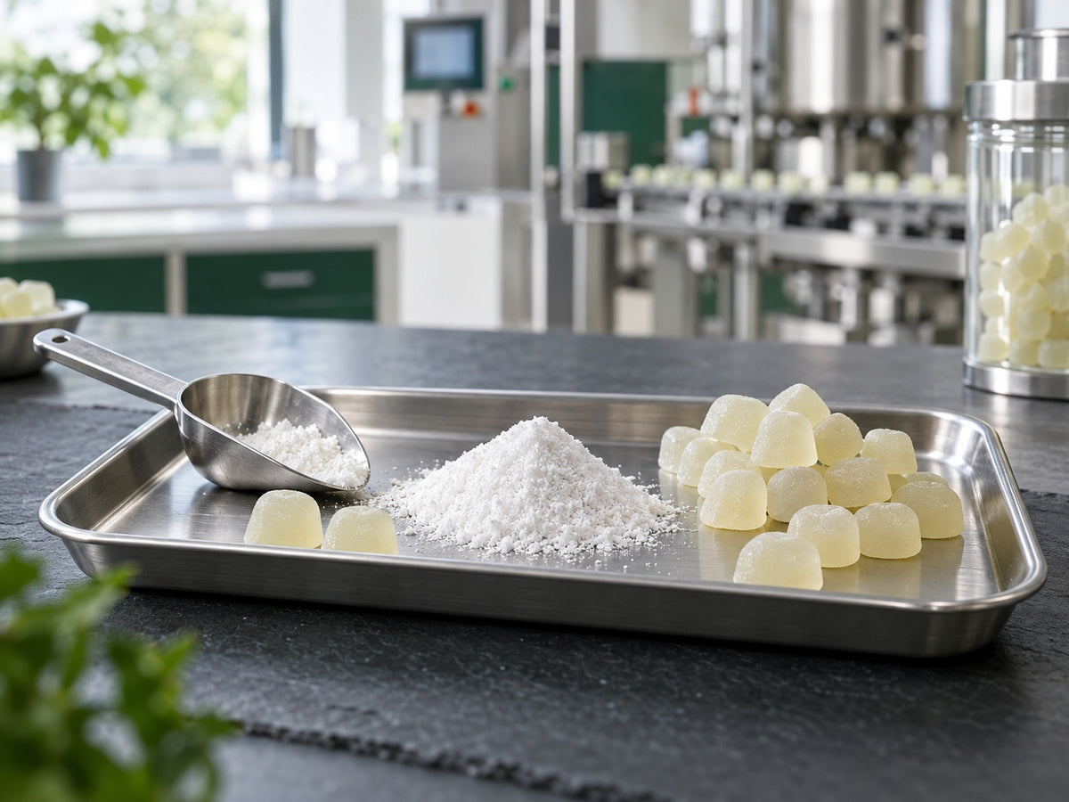 Pale magnesium gummies beside a heap of magnesium citrate on a tray