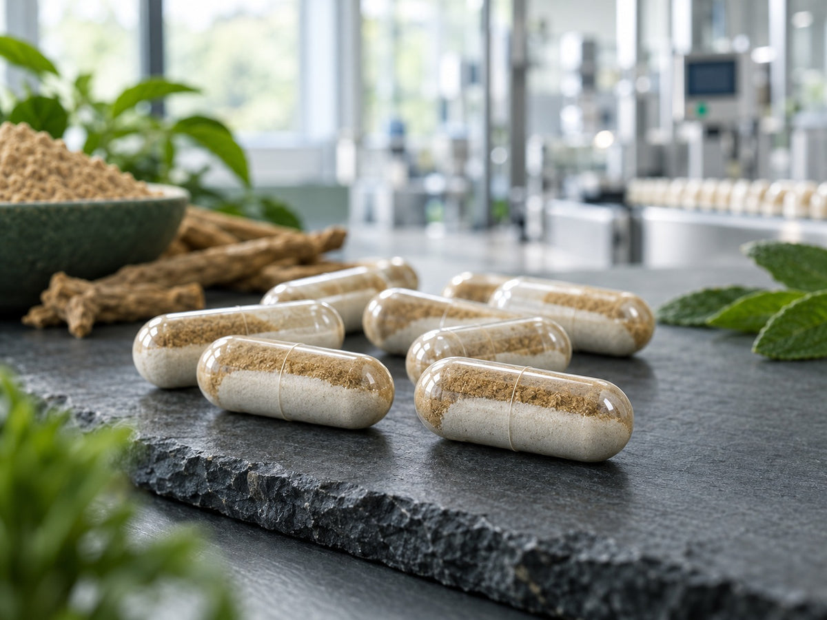Clear capsules with a layered fill of white and tan powders on slate