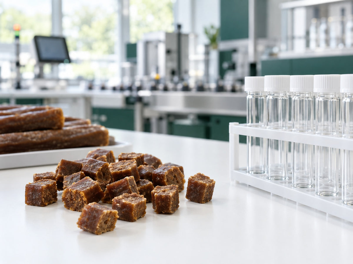 Soft dog chews cut into samples beside a rack of plain lab vials