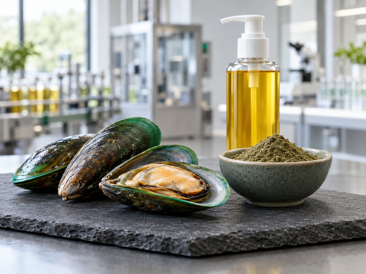 Green-lipped mussel shells and powder beside a plain pump bottle of oil