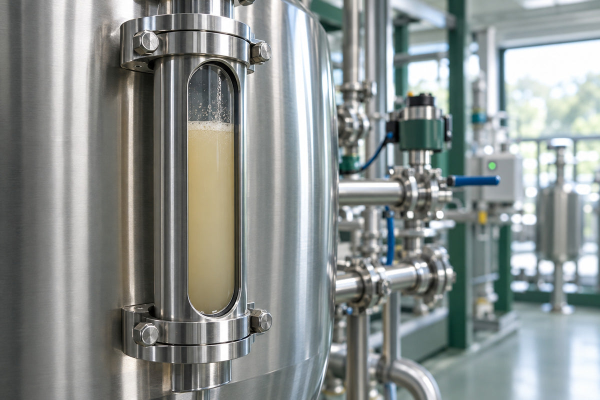 A stainless fermentation vessel with cloudy fermentate visible through its sight glass