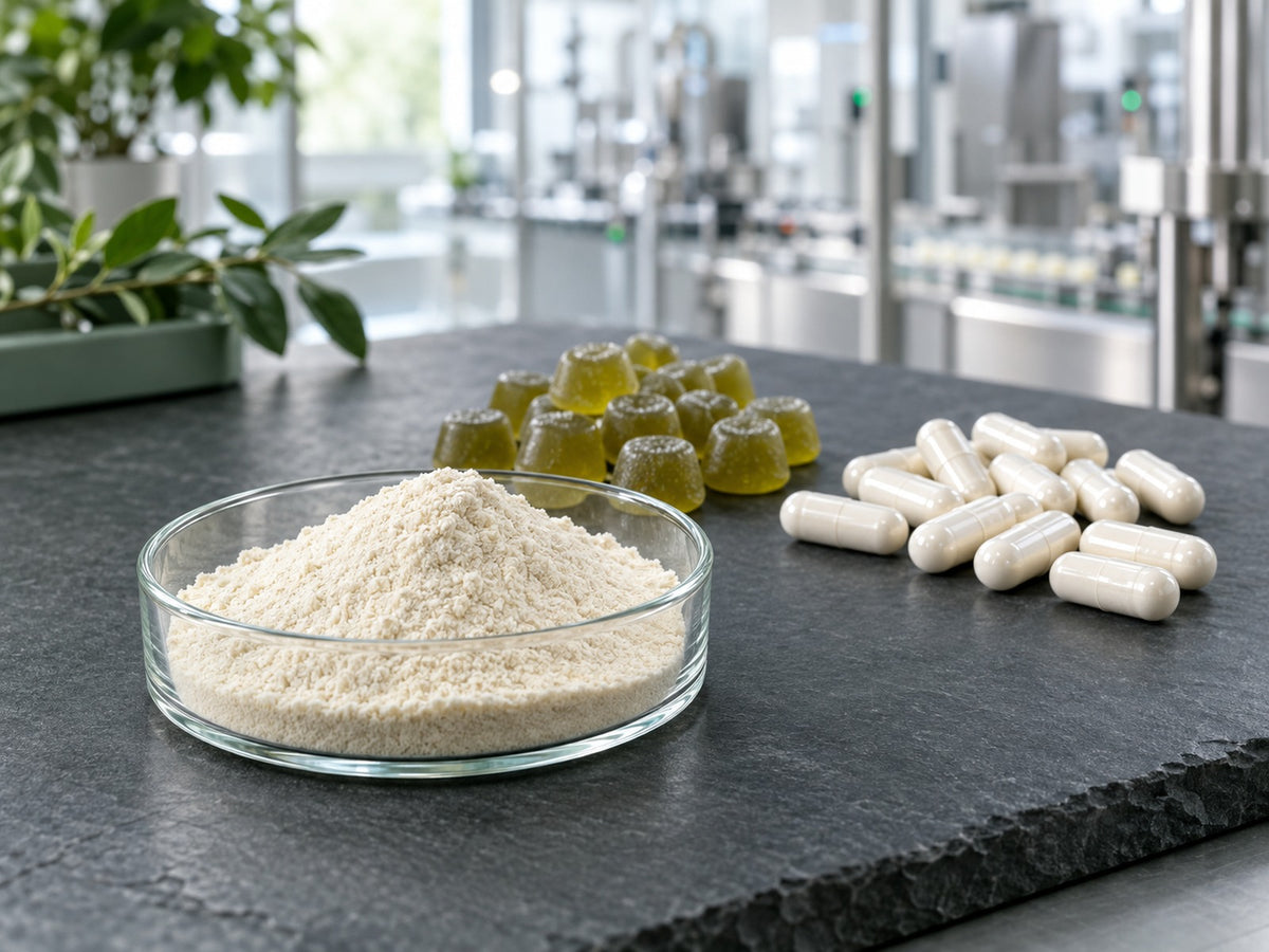Pale fermentate powder in a dish beside gummies and white capsules on slate