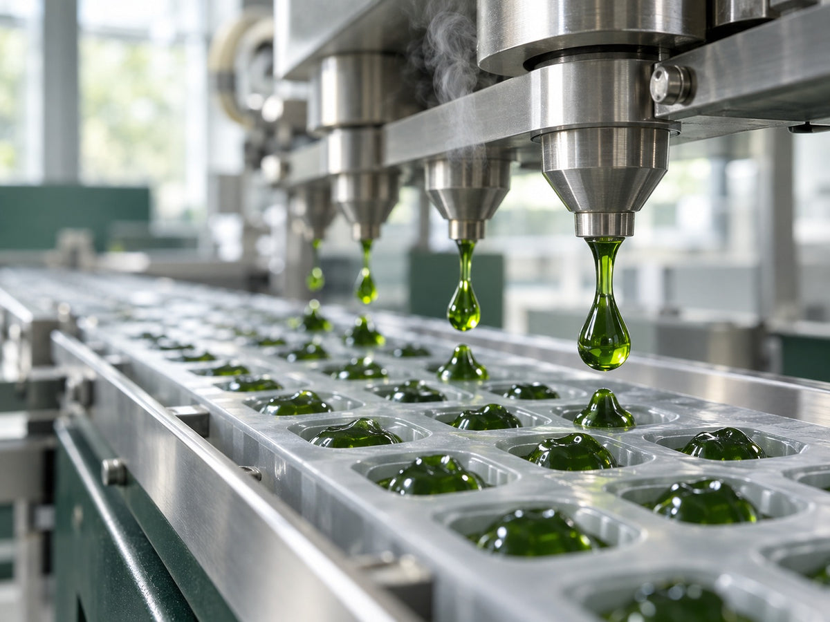 Hot gummy mass being deposited into moulds with steam rising above the nozzles
