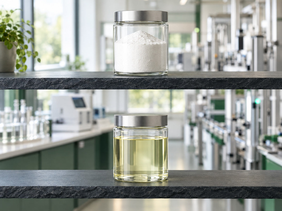 Butyrate powder and a clear oil in separate sealed jars on two shelves