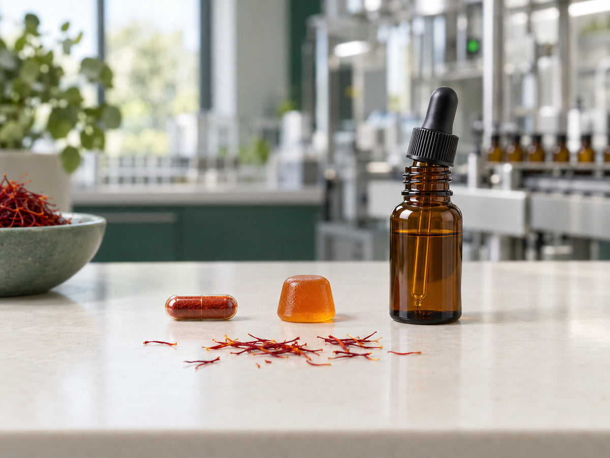 A small capsule, an orange gummy and an amber dropper bottle with saffron threads