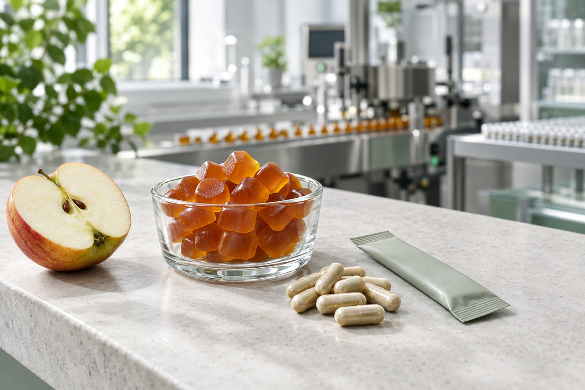 Apple cider vinegar gummies, capsules and a fibre stick pack on stone