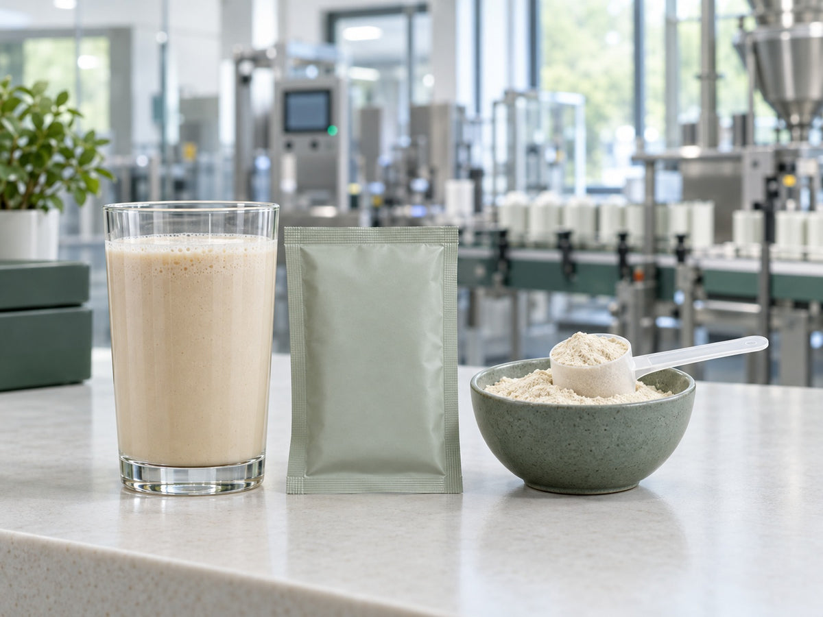 Meal replacement shake in a glass beside its sachet and powder