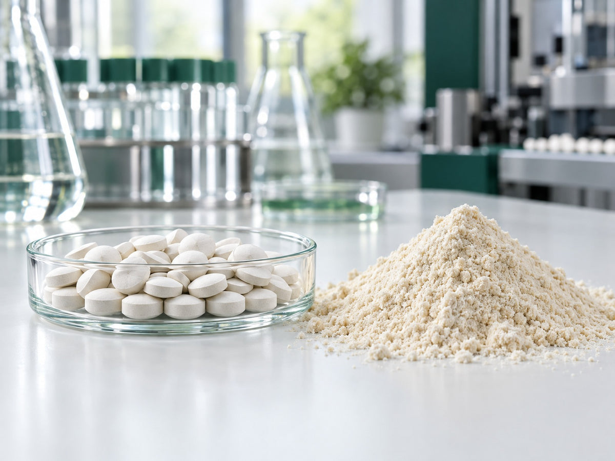 Chromium tablets in a glass dish beside a heap of apple pectin powder